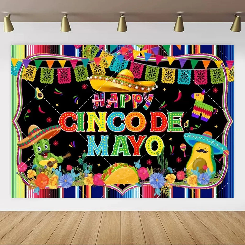 Mexican Fiesta Photo Backdrop — Cinco de Mayo Cactus & Guitar Party Banner