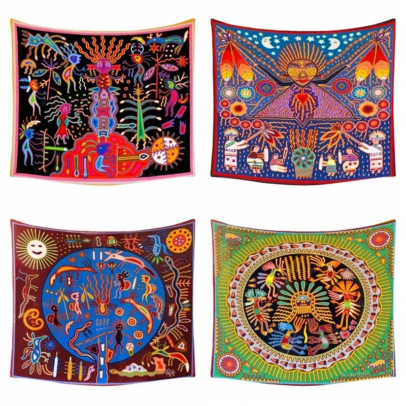 Huichol Sun & Moon Yarn Art Tapestry — Mexican Folk Wall Décor