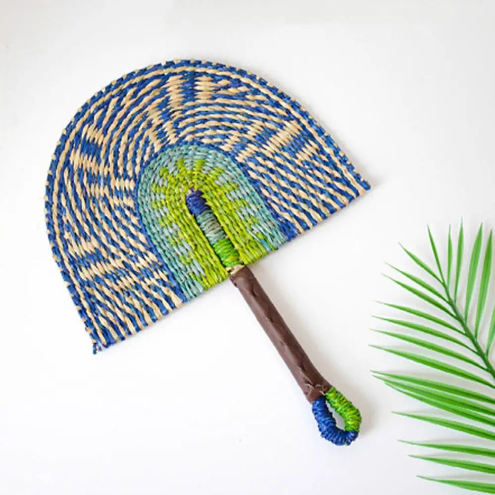 Handwoven Seagrass Fan — Boho Striped Décor
