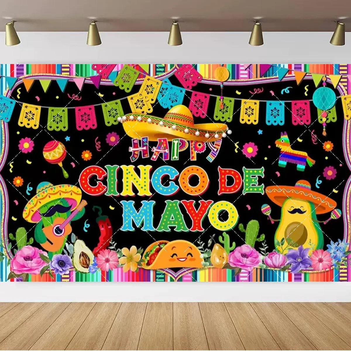 Mexican Fiesta Photo Backdrop — Cinco de Mayo Cactus & Guitar Party Banner