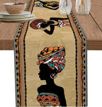 African Woman Linen Table Runner — Boho Farmhouse Style