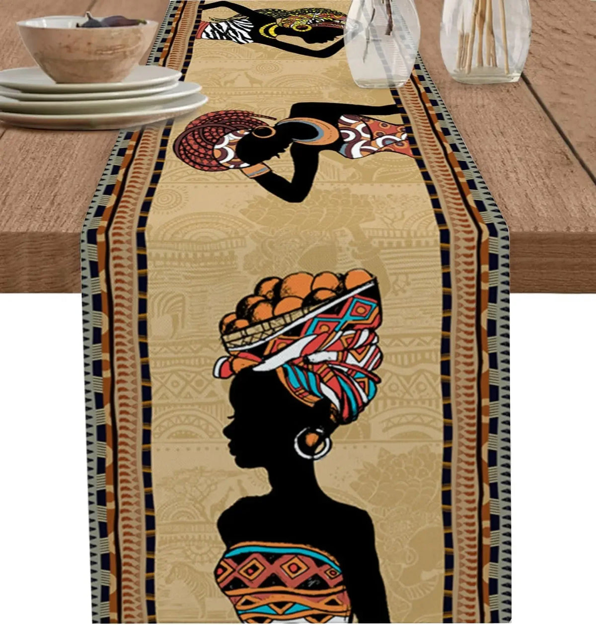 African Woman Linen Table Runner — Boho Farmhouse Style