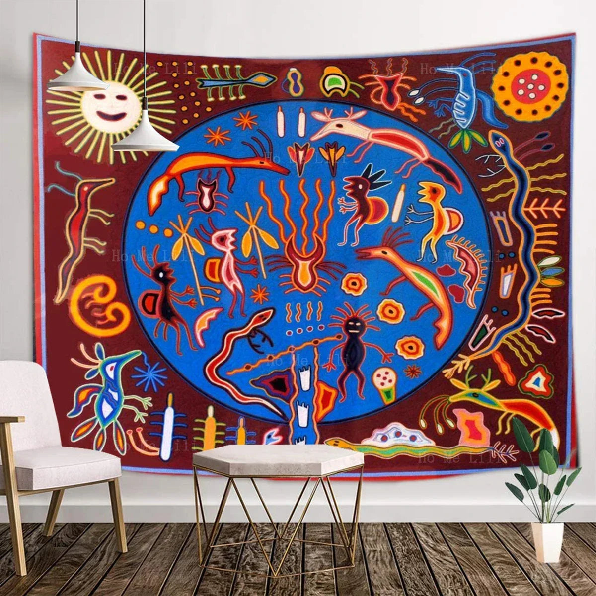 Huichol Sun & Moon Yarn Art Tapestry — Mexican Folk Wall Décor