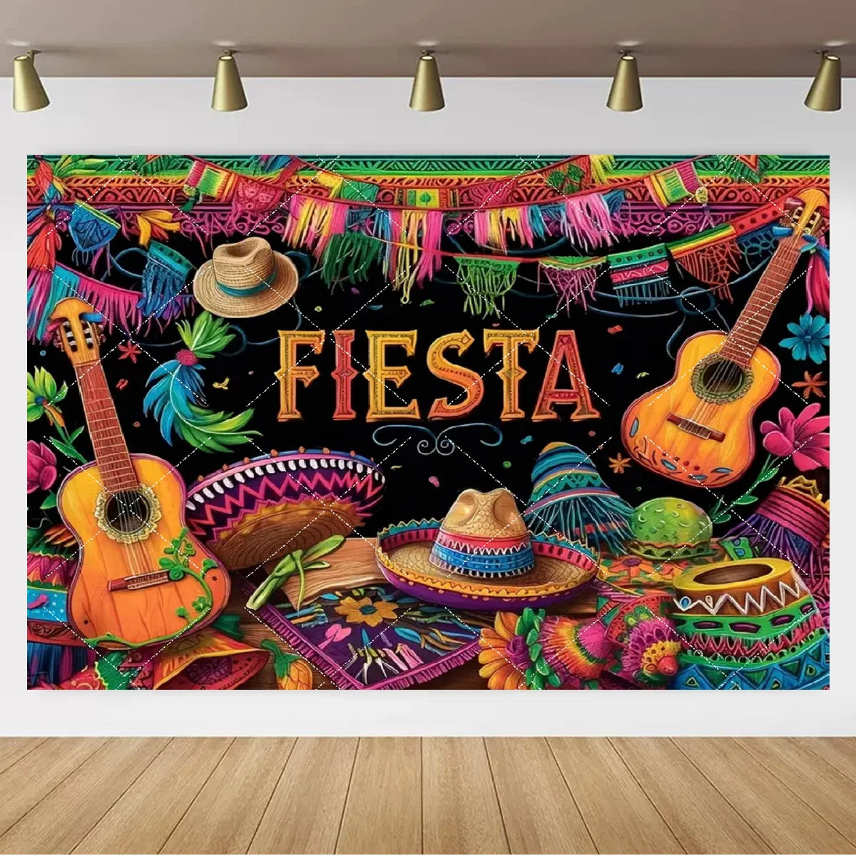 Mexican Fiesta Photo Backdrop — Cinco de Mayo Cactus & Guitar Party Banner
