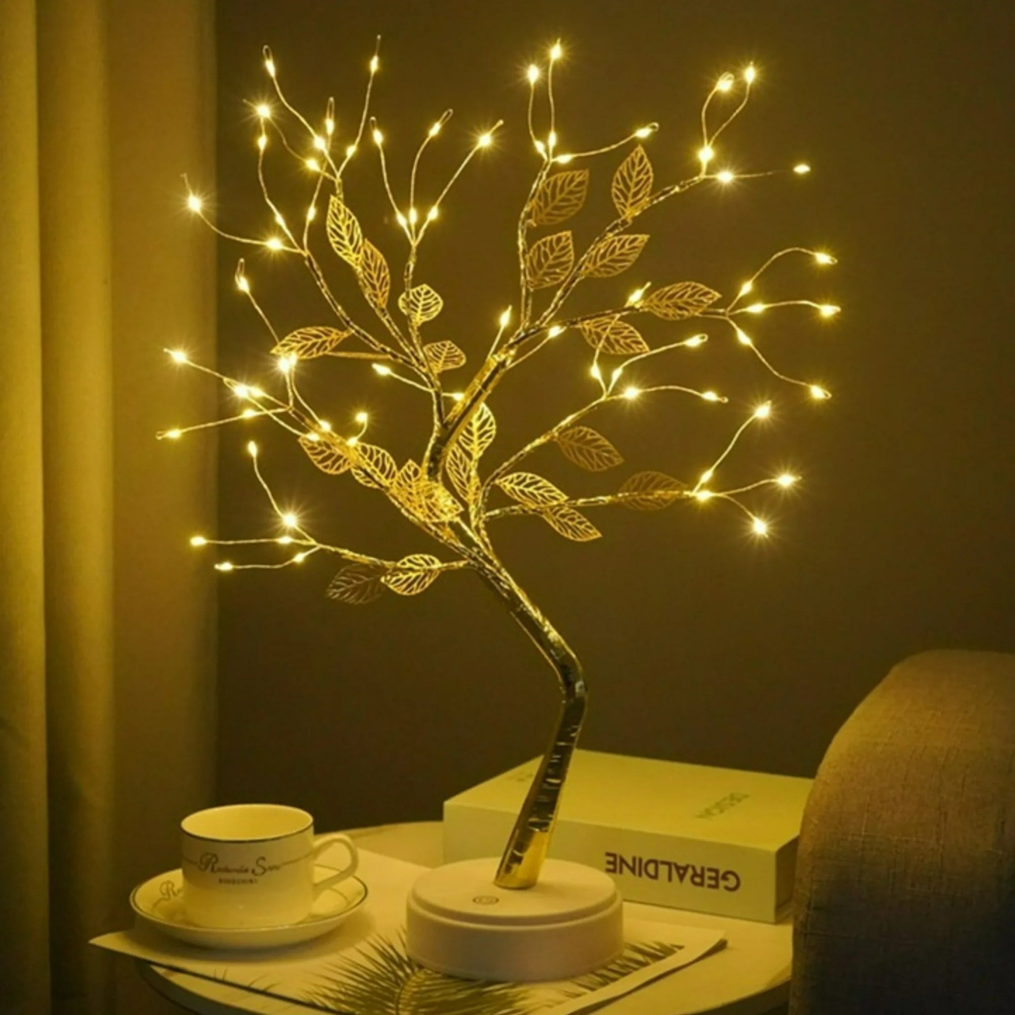 Golden Leaf and Cherry Blossom Table Tree Night Light Touch Switch USB/Battery Powered Artificial Bonsai for Home Decoration