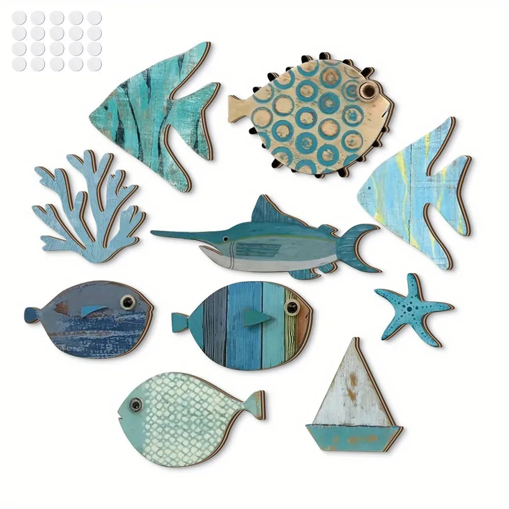 Rustic Ocean Fish Wall Art — 10-Piece Wooden Decorative Plates