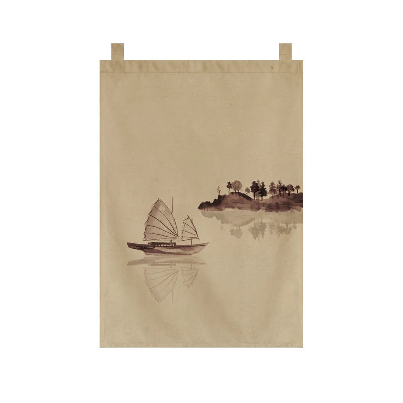Japanese Tea Room Noren Curtain — Koi Fish & Kanji Calligraphy Panel Set
