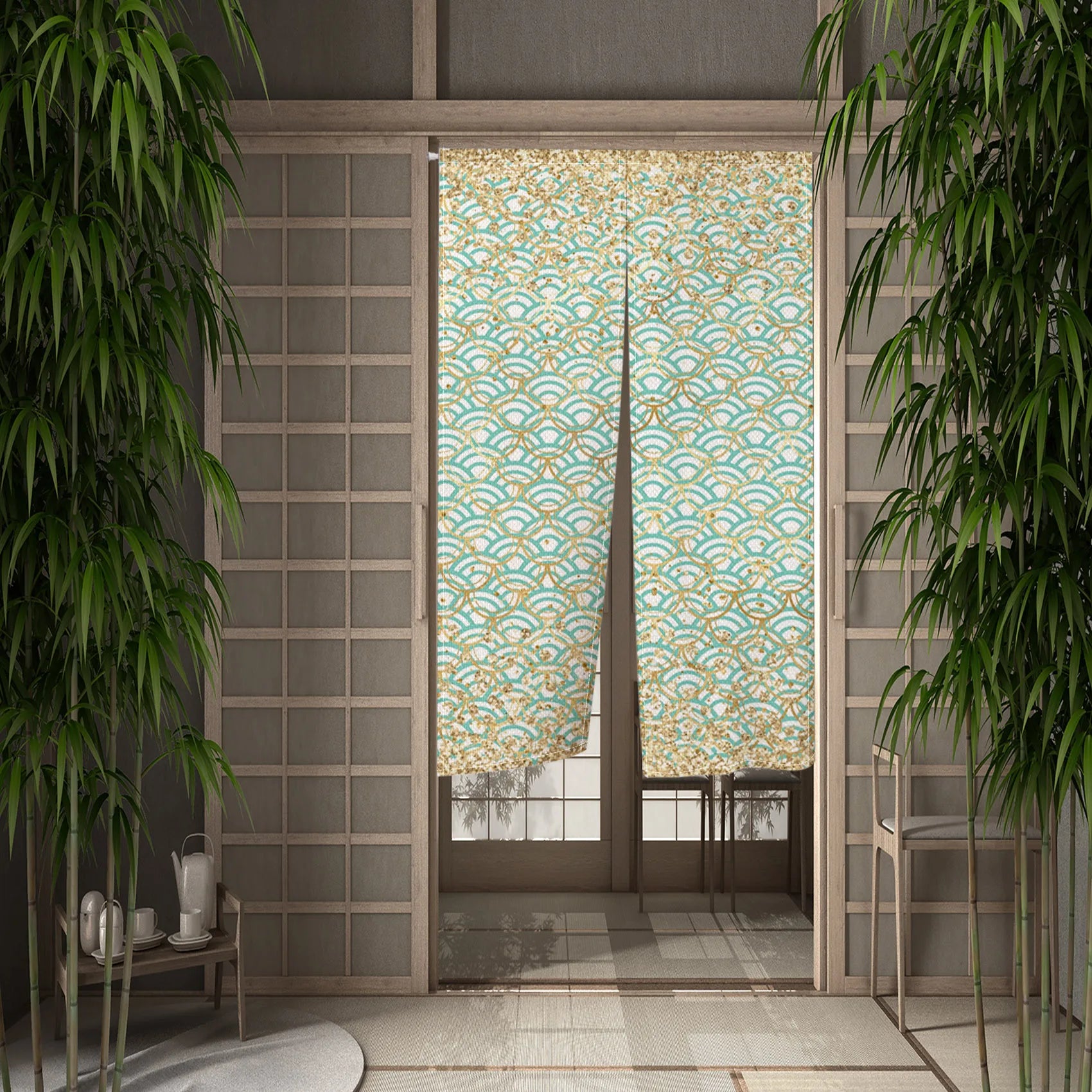 Traditional Japanese Wave Pattern Door Curtain Linen Durable Stylish Bedroom Kitchen Entrance Decor Partition Half Curtain