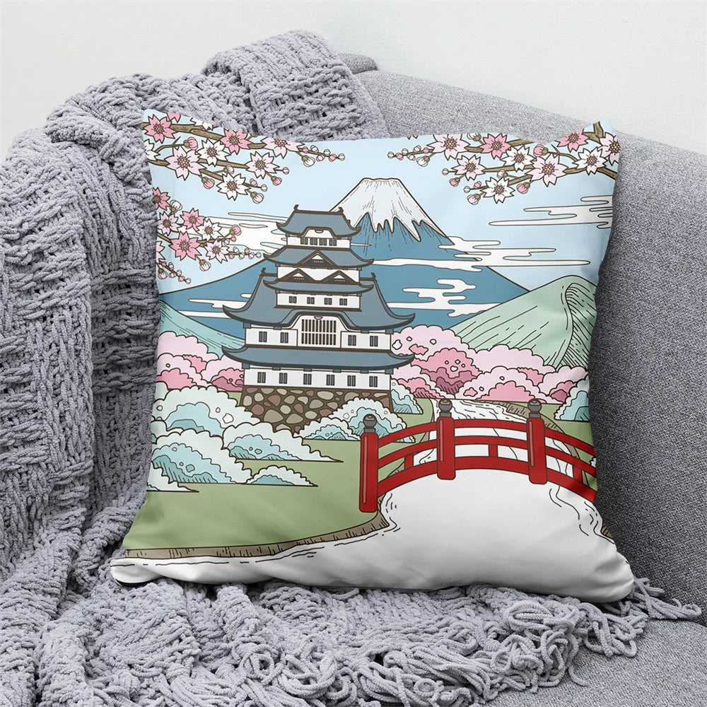 Lucky Cat Japanese Style Sofa Bed Decorative Pillow Cover Home Decor Mount Fuji  Art Cushion