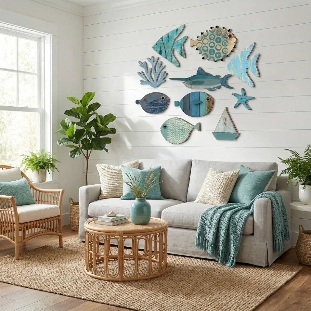 10Pcs Creative Rustic Ocean Animal Decoration Retro Funny Wooden Decorations Wall Art Fish Decorative Plate Summer Outdoor