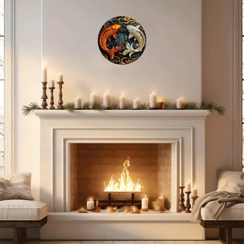 Vintage Koi Fish Round Metal Wall Art — Japanese Pond Décor Sign
