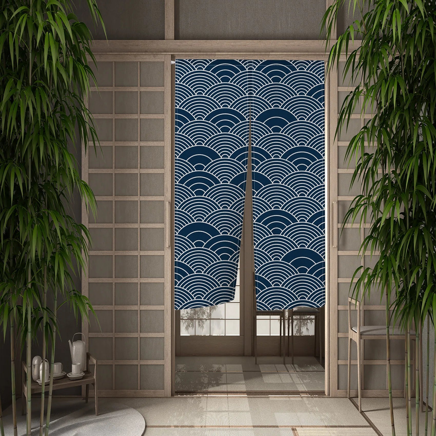 Traditional Japanese Wave Pattern Door Curtain Linen Durable Stylish Bedroom Kitchen Entrance Decor Partition Half Curtain