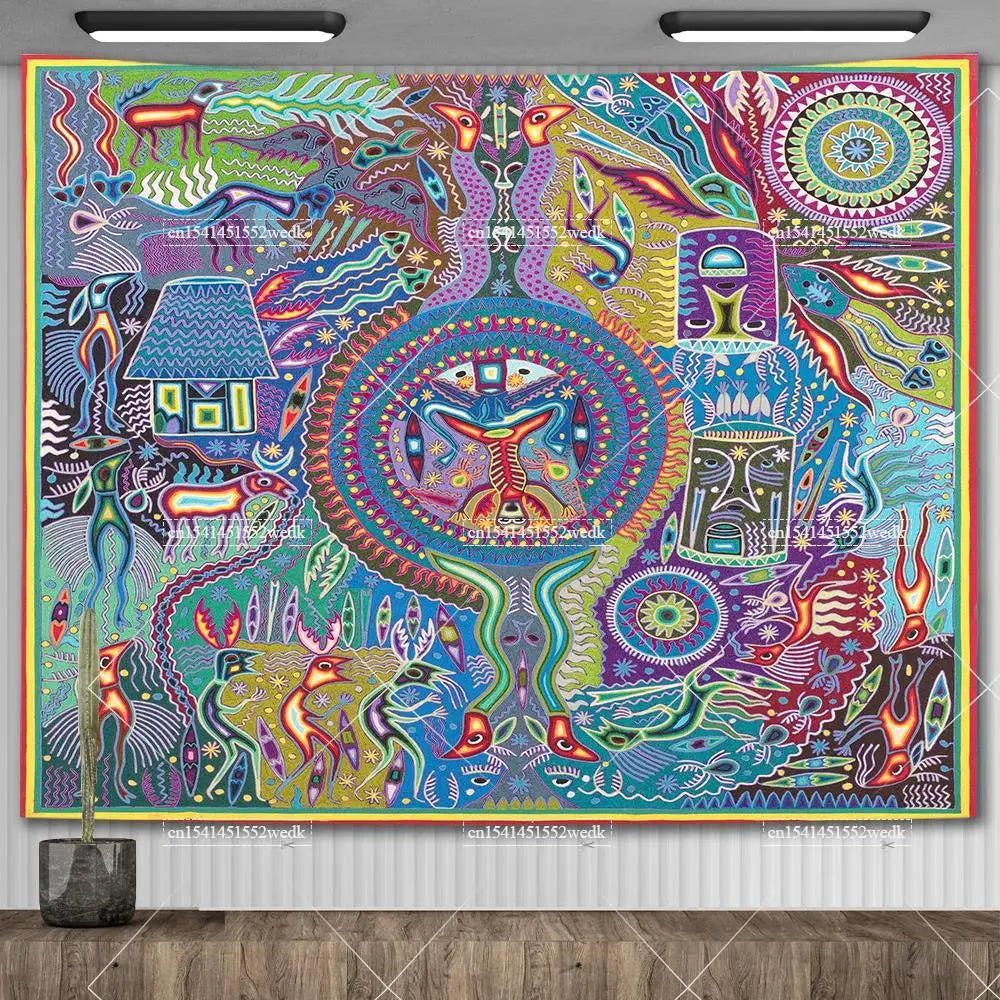Huichol-Inspired Mexican Yarn Art Tapestry Wall Hanging – Vibrant Mandala Home Decor