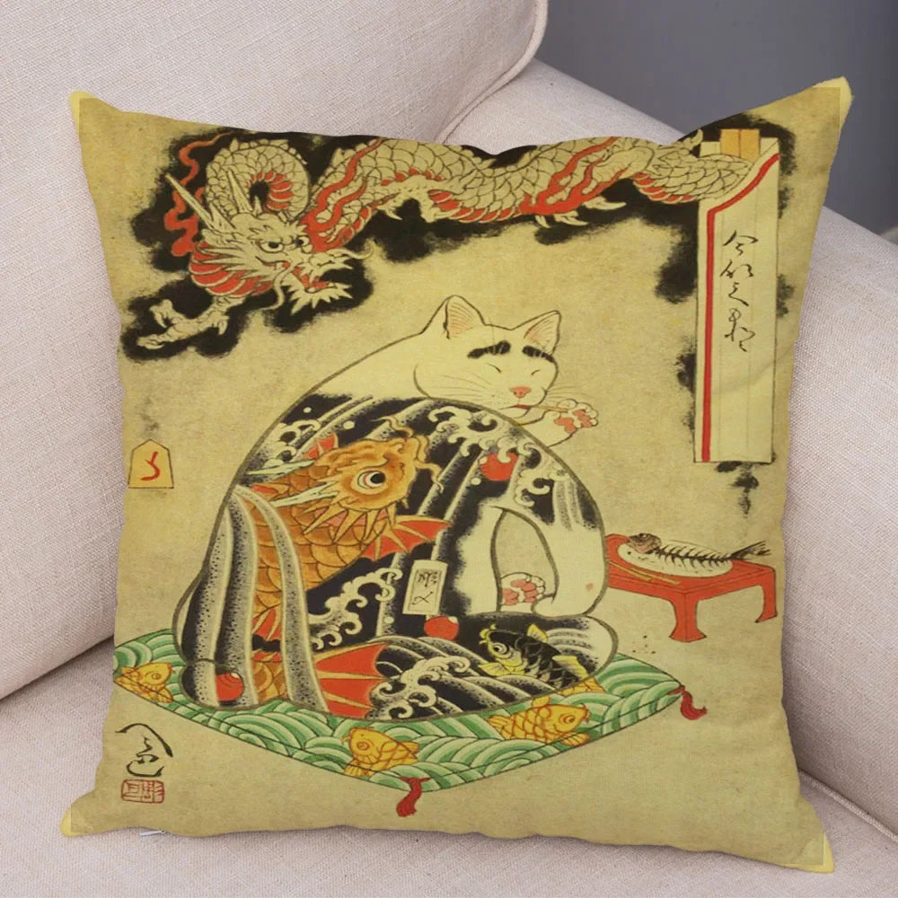 Vintage Japanese Samurai Cat Tattoo Cushion Cover Decor Retro Animal Pillowcase Sofa Home Car