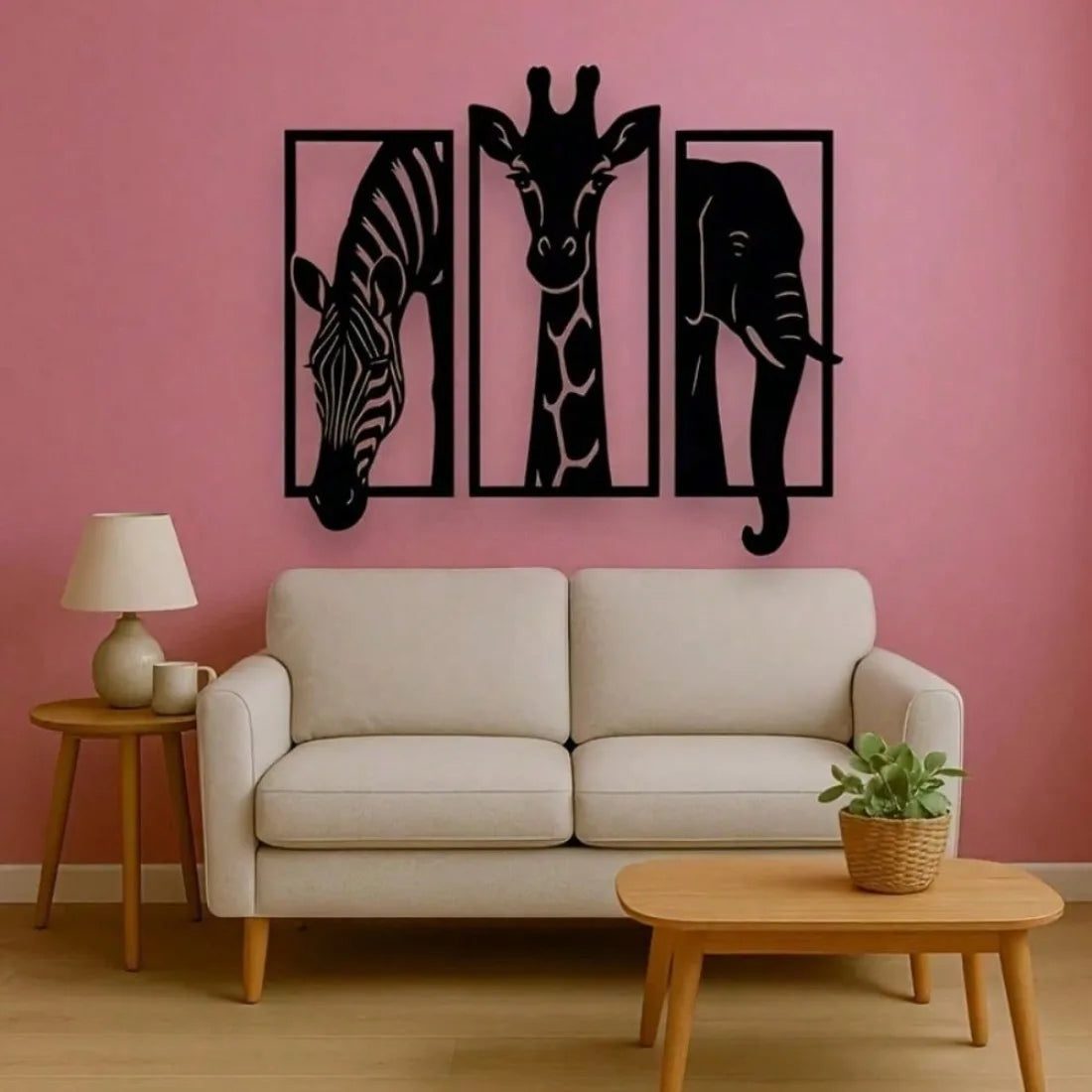 Safari Animal Metal Wall Art Set — 3-Piece Elephant, Giraffe & Zebra Décor