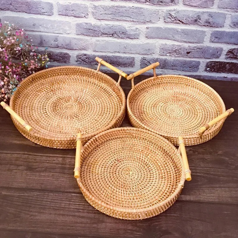 Rattan Woven Round Tray — Handcrafted Fruit & Snack Basket