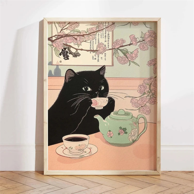 Japanese Ukiyo-e Style Funny Black Cat Bathroom Poster Print Canvas Painting Wall Art Picture for Kitchen Bathroom Home Decor