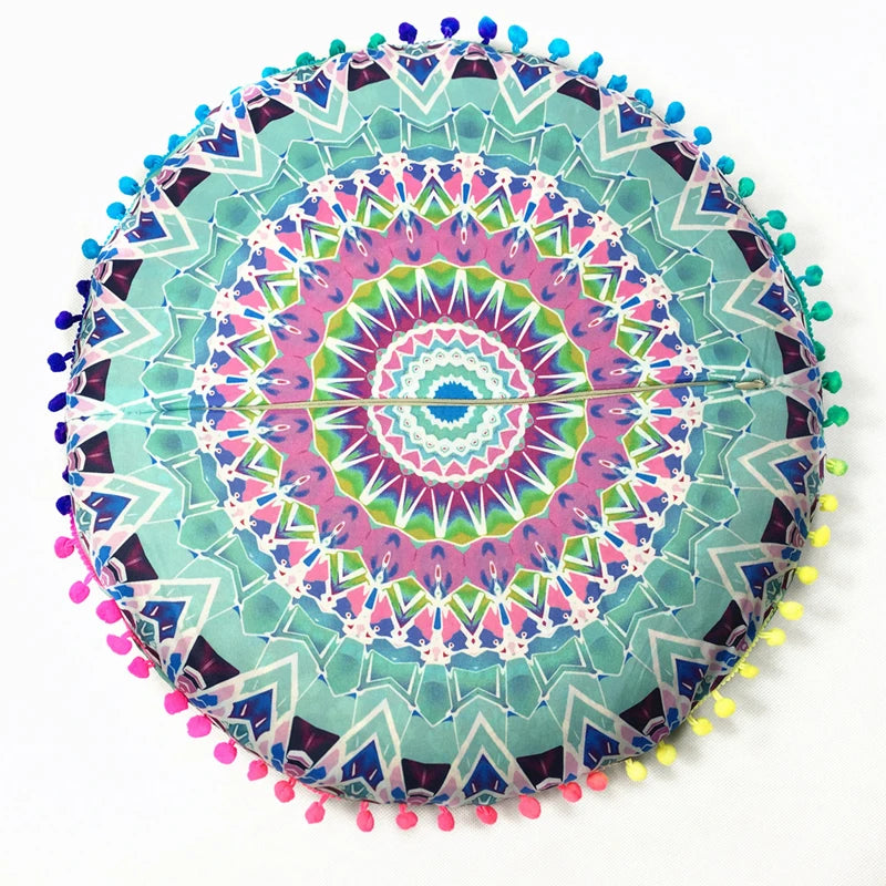 Indian Mandala Round Floor Cushion Cover — Boho Pom-Pom Pouf Cover