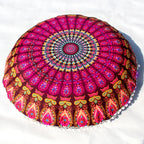 Indian Mandala Round Floor Cushion Cover — Boho Pom-Pom Pouf Cover