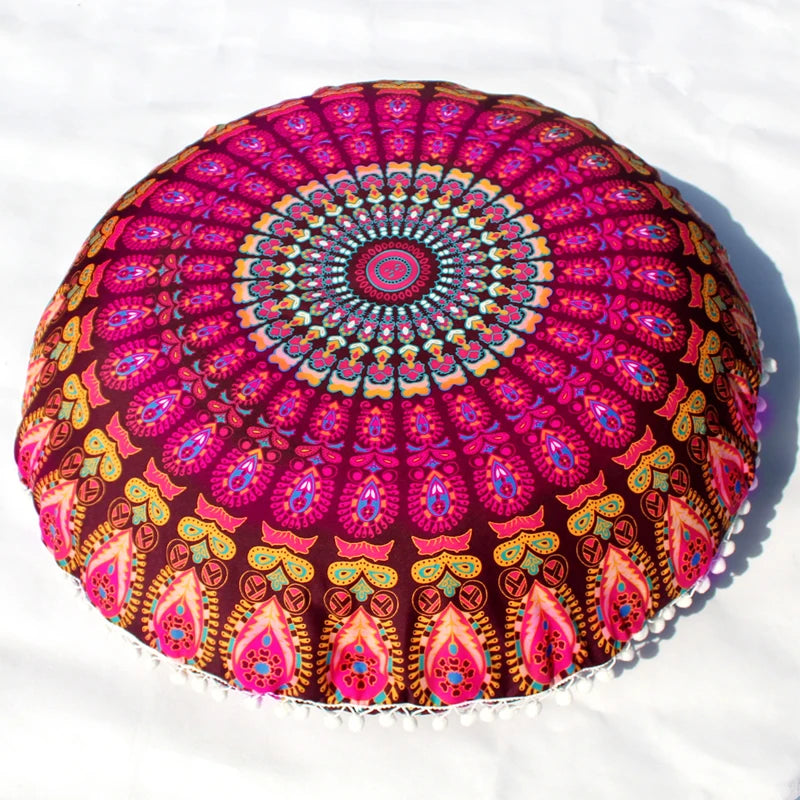 Indian Mandala Round Floor Cushion Cover — Boho Pom-Pom Pouf Cover