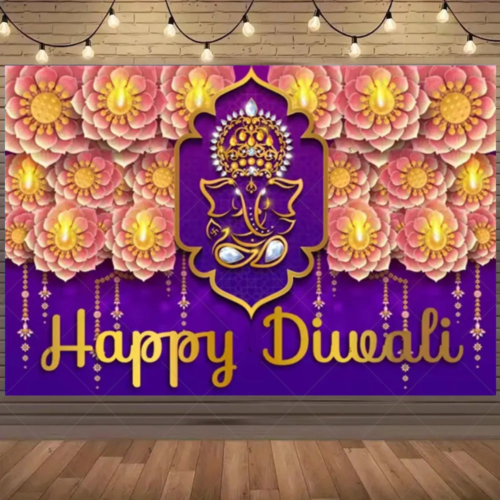 Happy Diwali Backdrop — Diya & Lotus Festival Photo Banner, 25 Designs