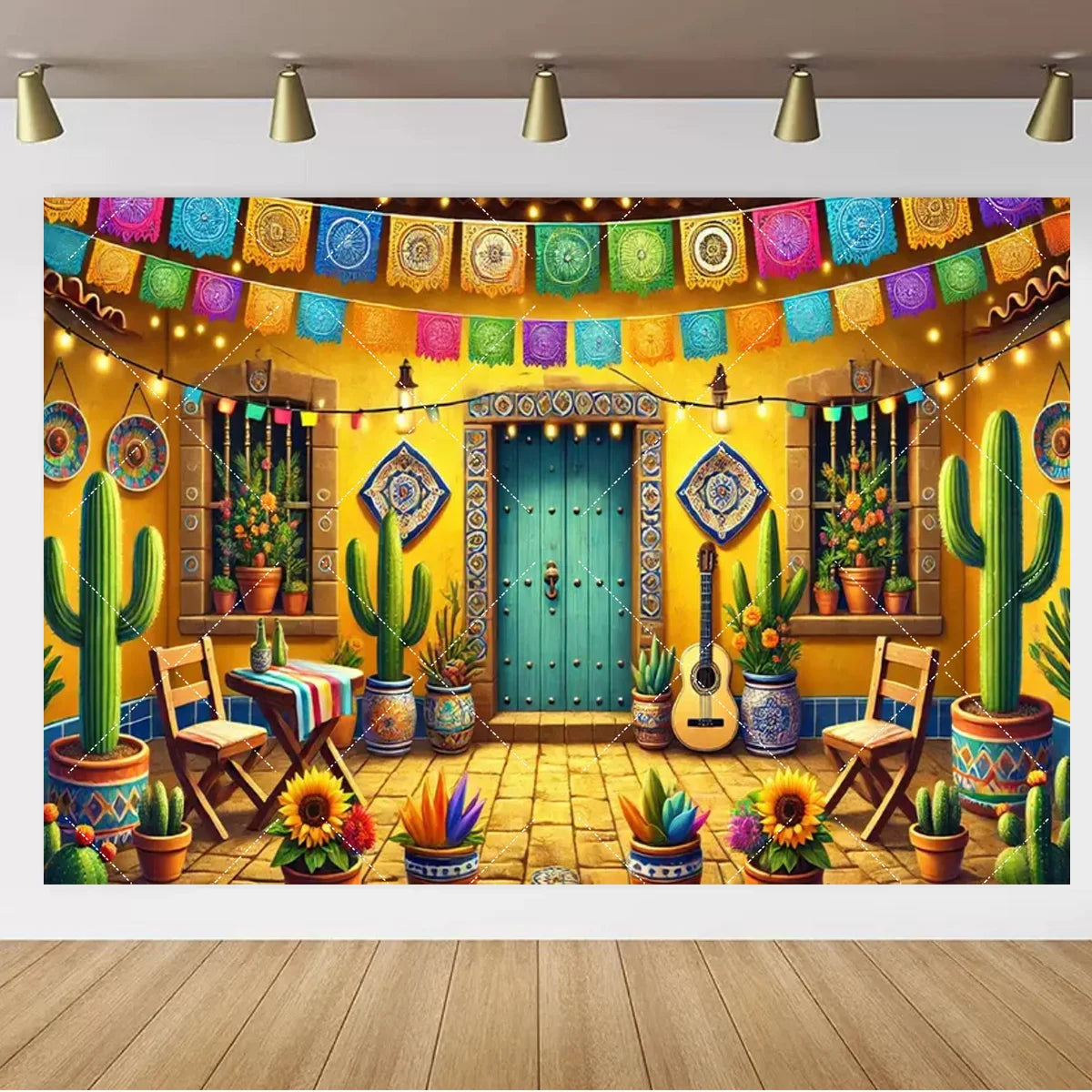 Mexican Fiesta Photo Backdrop — Cinco de Mayo Cactus & Guitar Party Banner