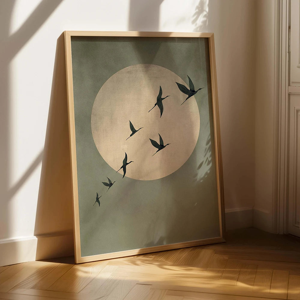 Japandi Flying Birds Wall Art — Sage Green & Gold Print