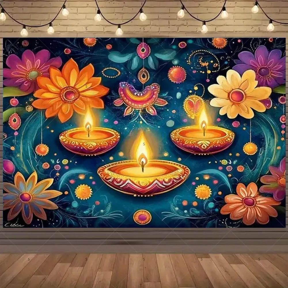Happy Diwali Backdrop — Diya & Lotus Festival Photo Banner, 25 Designs