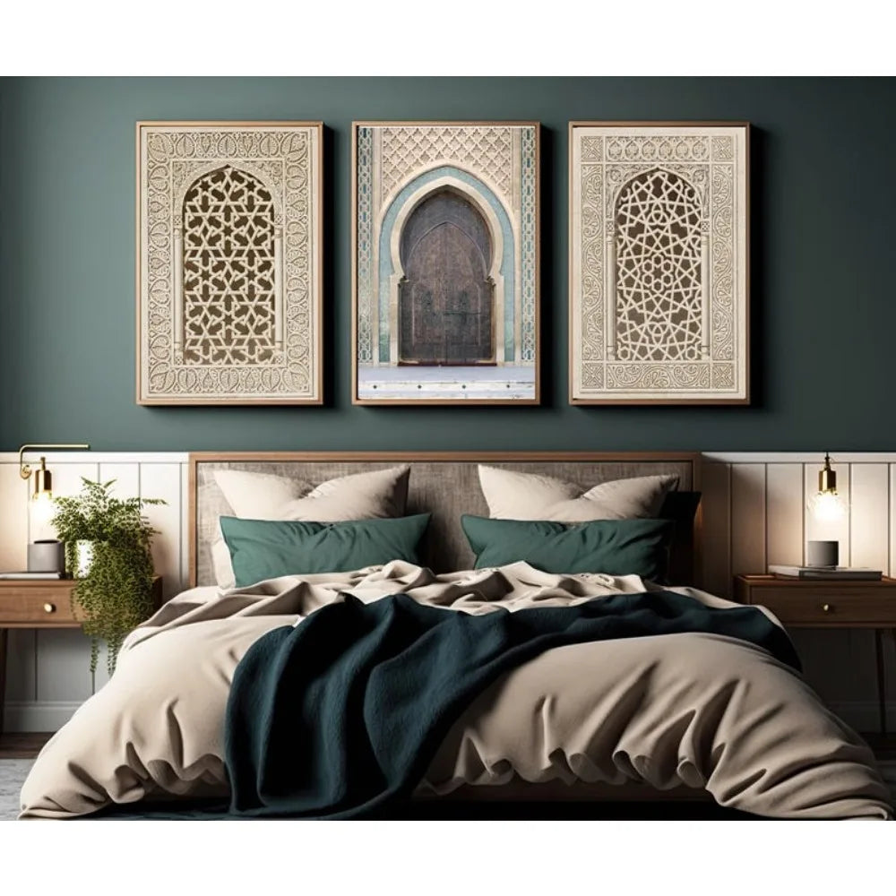 Moroccan Arch Window Canvas Print — 3-Panel Geometric Wall Art Set