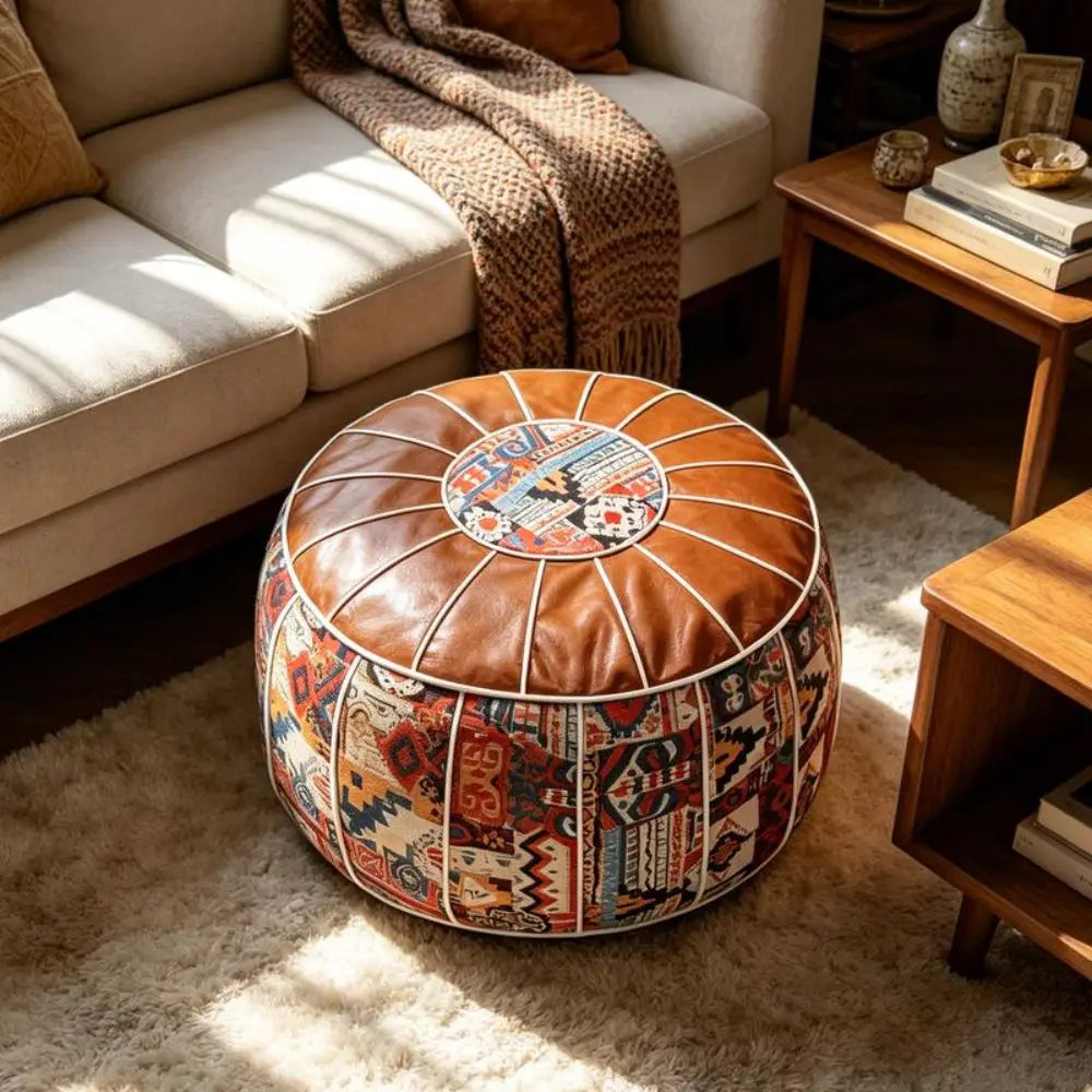 Moroccan-Style Round Ottoman Pouf Cover – Fillable Faux Leather Floor Seat, Boho Pattern Storage Stool