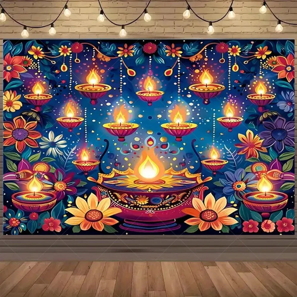 Happy Diwali Backdrop — Diya & Lotus Festival Photo Banner, 25 Designs