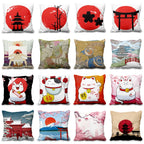 Lucky Cat & Mount Fuji Cushion Cover — Japanese Art Pillow