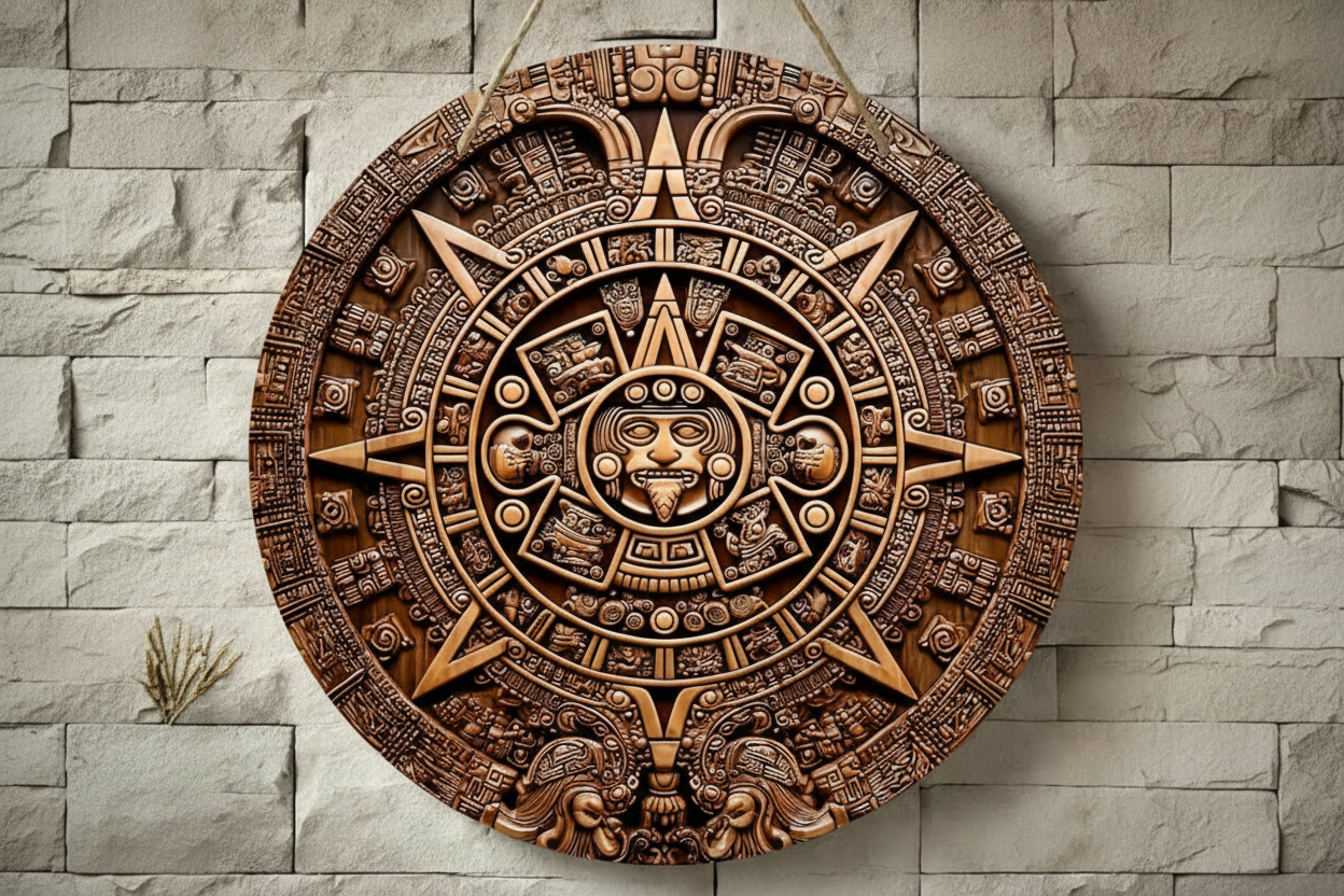Aztec Sun Stone Wall Plaque – Vintage Wood-Style Carved Wall Art, 8x8 Inch Rustic Home Decor