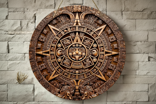 Aztec Sun Stone Wall Plaque – Vintage Wood-Style Carved Wall Art, 8x8 Inch Rustic Home Decor
