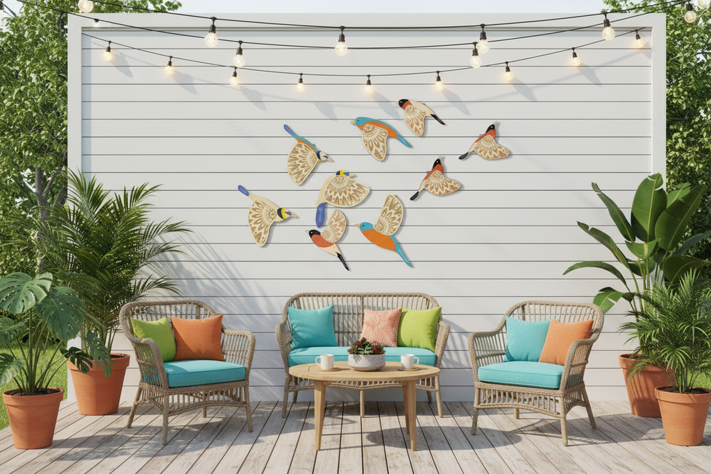 Wooden Bird Wall Sculpture Set — 5-Piece Vintage Hanging Art