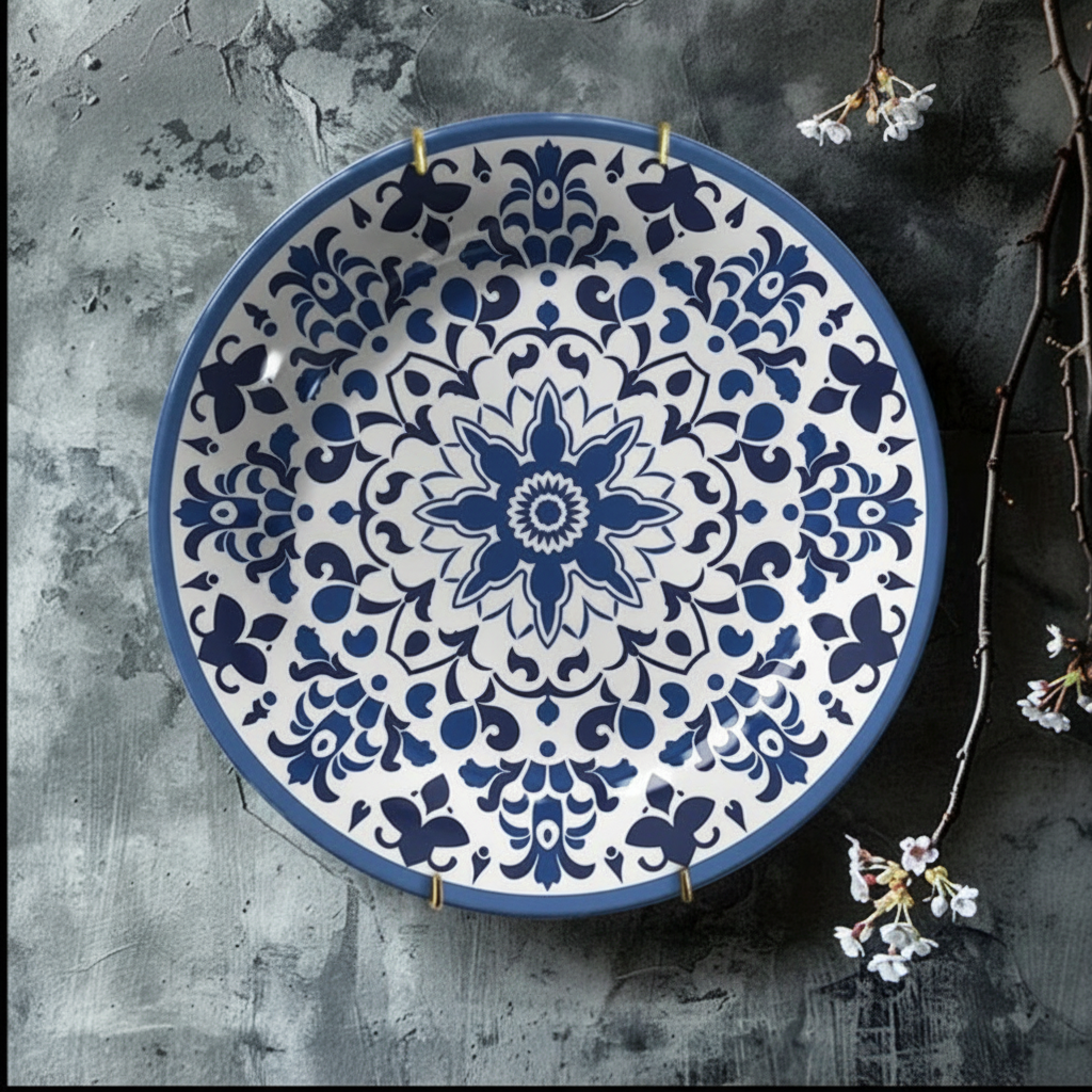 Navy Blue Ceramic Plate — Moroccan-Style Floral Wall Hanging