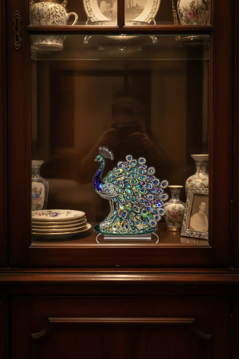 Decorative Acrylic Peacock Figurine — Jeweled Tabletop Ornament