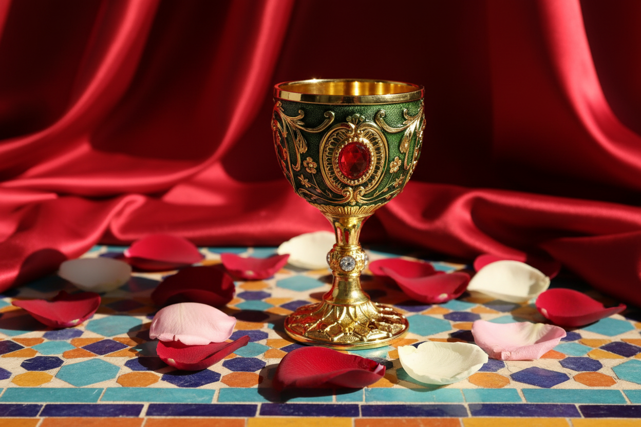 Vintage Embossed Metal Wine Goblet — Gemstone Accent Decorative Cup