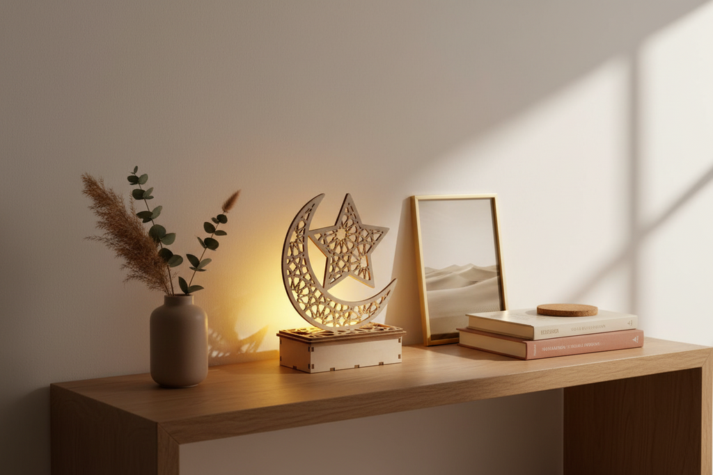 Ramadan Mubarak LED Wooden Ornament — Moon & Star Eid Decoration