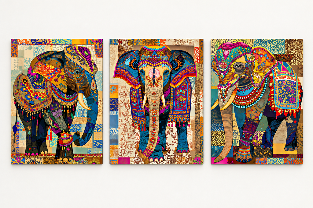 Indian Elephant Mandala Canvas Print Set — Frameless Triptych Wall Art