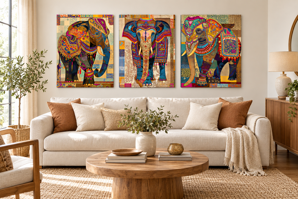 Indian Elephant Mandala Canvas Print Set — Frameless Triptych Wall Art