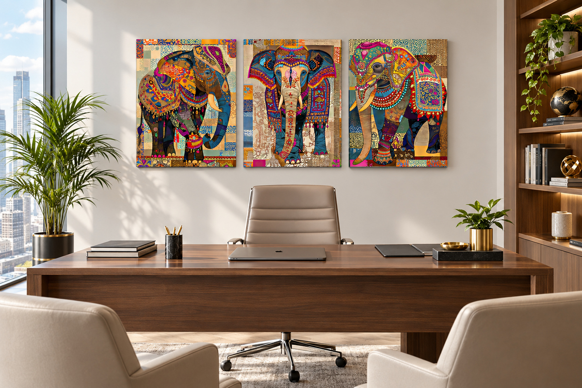 Indian Elephant Mandala Canvas Print Set — Frameless Triptych Wall Art