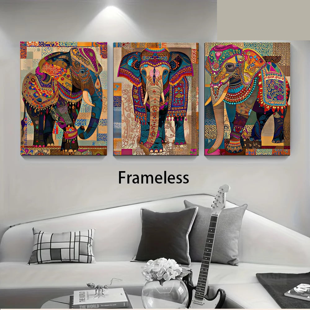 Indian Elephant Mandala Canvas Print Set — Frameless Triptych Wall Art