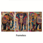 Indian Elephant Mandala Canvas Print Set — Frameless Triptych Wall Art