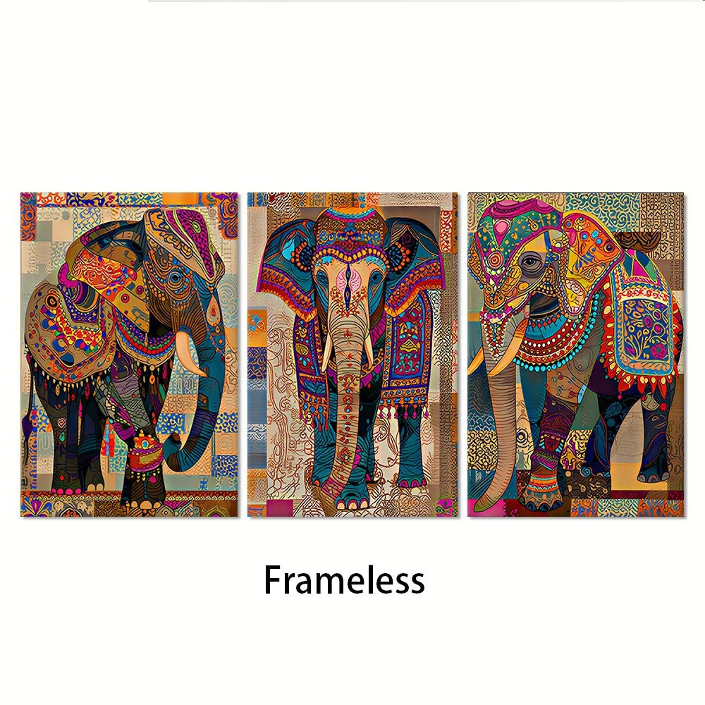Indian Elephant Mandala Canvas Print Set — Frameless Triptych Wall Art