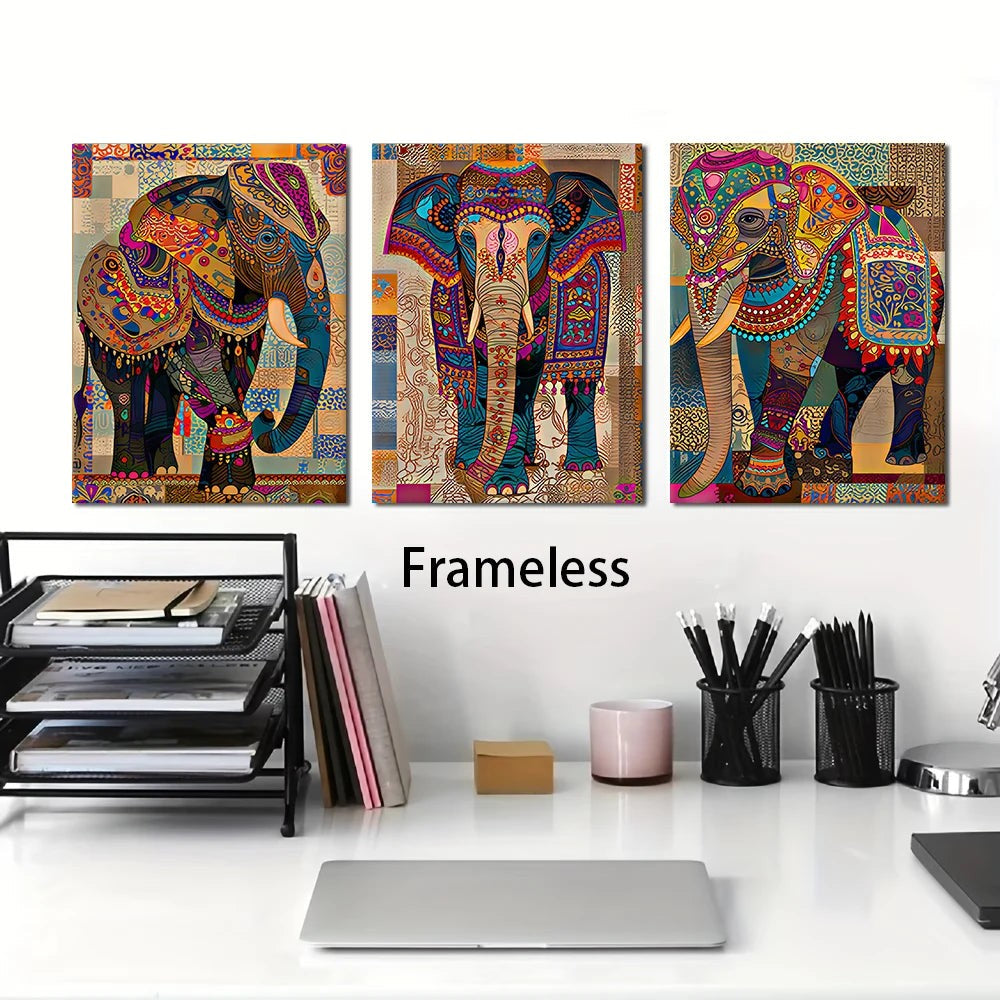 Indian Elephant Mandala Canvas Print Set — Frameless Triptych Wall Art
