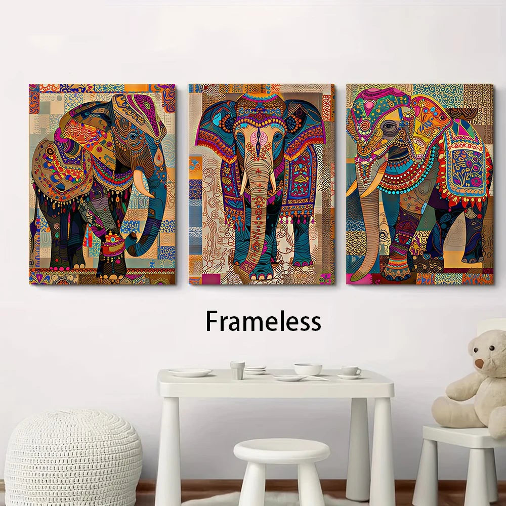 Indian Elephant Mandala Canvas Print Set — Frameless Triptych Wall Art