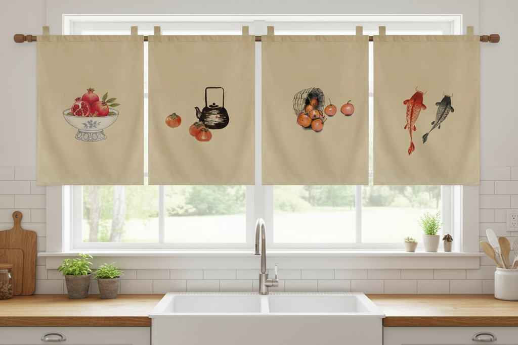 Japanese Tea Room Noren Curtain — Koi Fish & Kanji Calligraphy Panel Set