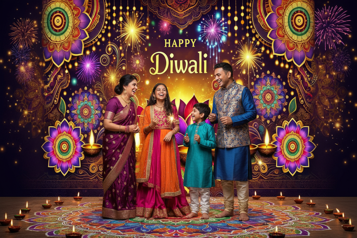 Happy Diwali Backdrop — Lotus & Diya Festival Wall Banner