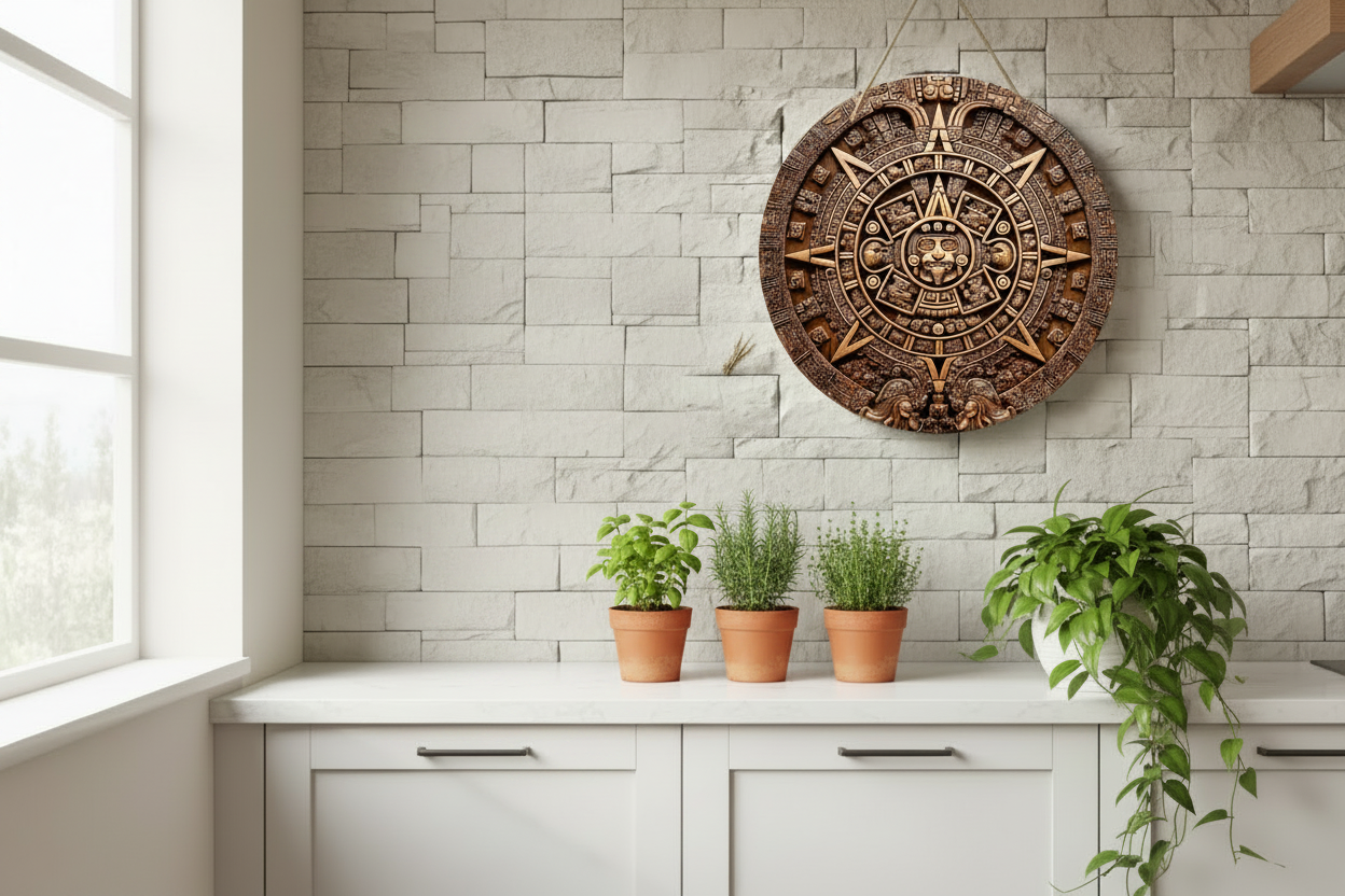 Aztec Sun Stone Wall Plaque – Vintage Wood-Style Carved Wall Art, 8x8 Inch Rustic Home Decor